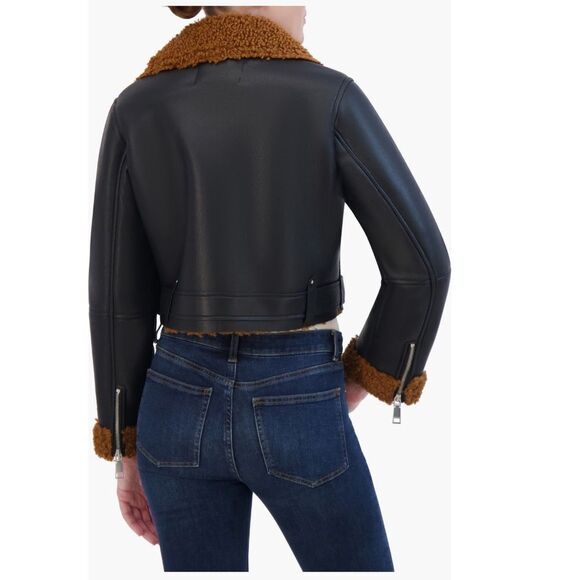 Rebecca Minkoff Faux Shearling Vegan Leather Moto Jacket, Black/Brown, Large NWT - Picture 3 of 16